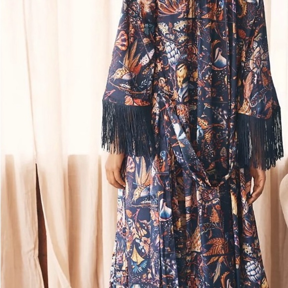Anthropologie Floral Kimono with Fringe